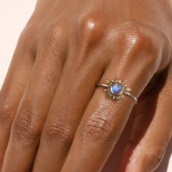 Natural Zirconia Ring ,Blue Moonstone Radiant Sun Adjustable Ring ,925 Sterling Silver . - Image 3