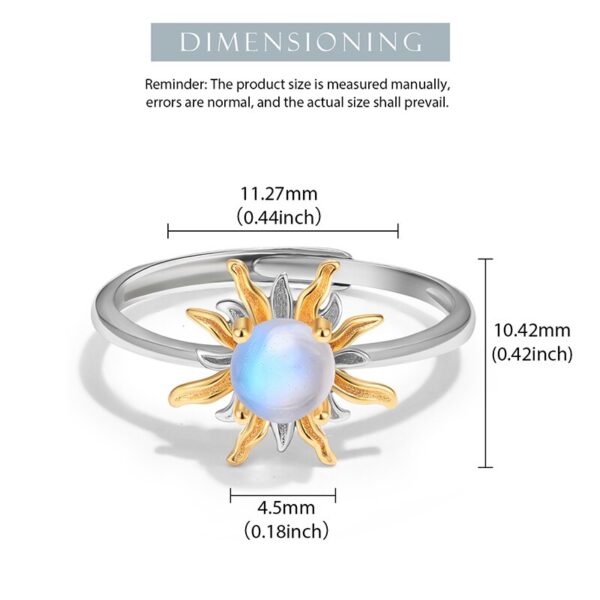 Natural Zirconia Ring ,Blue Moonstone Radiant Sun Adjustable Ring ,925 Sterling Silver . - Image 4