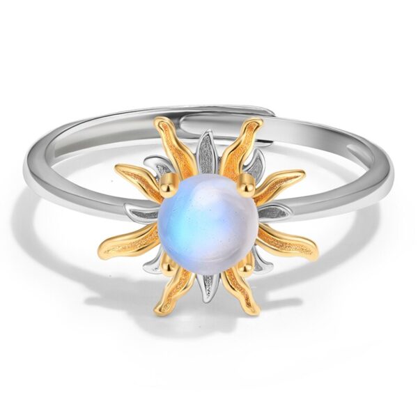 Natural Zirconia Ring ,Blue Moonstone Radiant Sun Adjustable Ring ,925 Sterling Silver . - Image 2