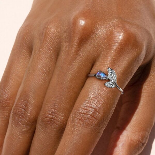 Zirconia Natural Ring ,Blue Moonstone Leaves Adjustable Ring ,925 Sterling Silver. - Image 3