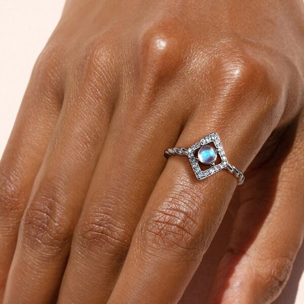 Zirconia Natural Ring ,Blue Moonstone Lozenge Adjustable Halo Ring ,925 Sterling Silver. - Image 3