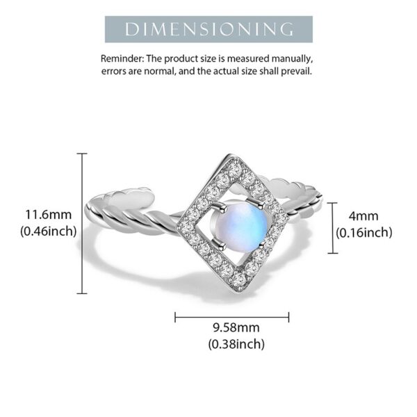 Zirconia Natural Ring ,Blue Moonstone Lozenge Adjustable Halo Ring ,925 Sterling Silver. - Image 5