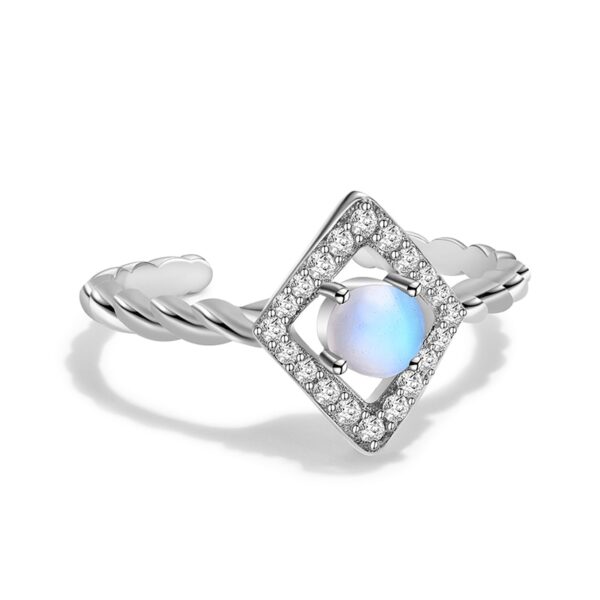 Zirconia Natural Ring ,Blue Moonstone Lozenge Adjustable Halo Ring ,925 Sterling Silver. - Image 2