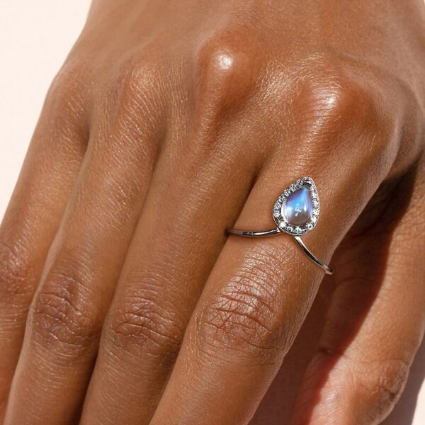 Zirconia Natural Ring ,Blue Moonstone Minimalist Water Drop Adjustable Ring ,925 Sterling Silver . - Image 3