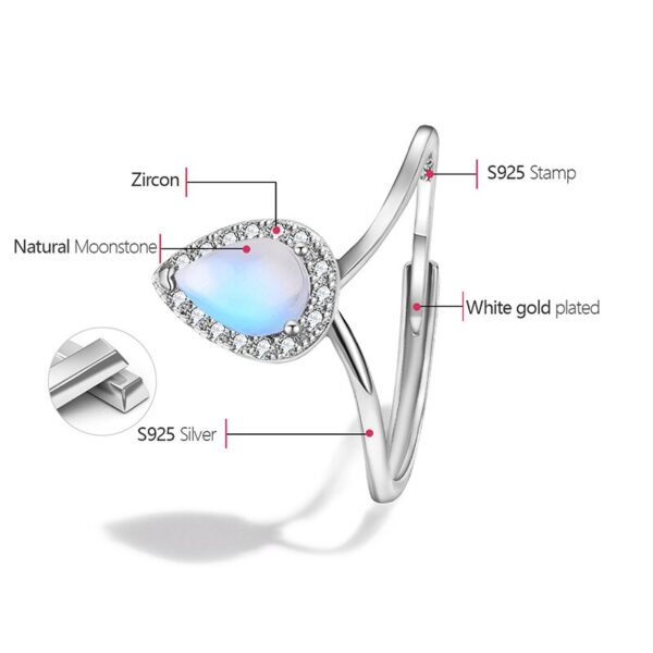 Zirconia Natural Ring ,Blue Moonstone Minimalist Water Drop Adjustable Ring ,925 Sterling Silver . - Image 5