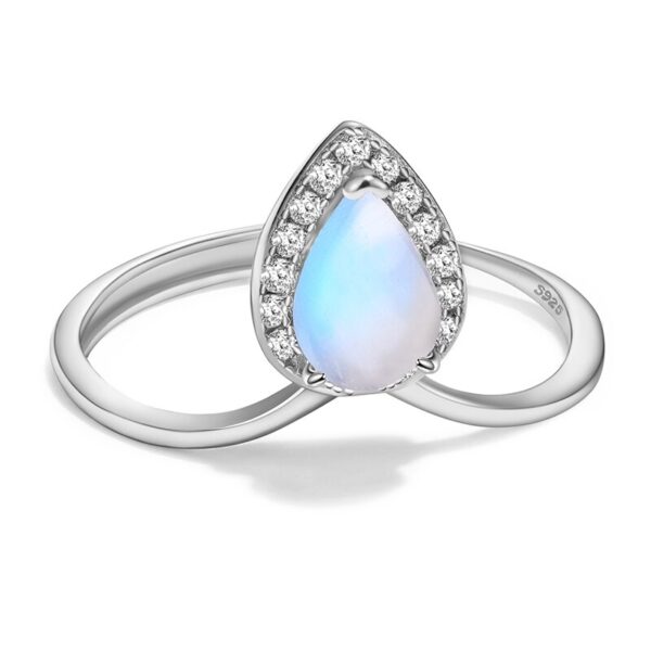 Zirconia Natural Ring ,Blue Moonstone Minimalist Water Drop Adjustable Ring ,925 Sterling Silver . - Image 2