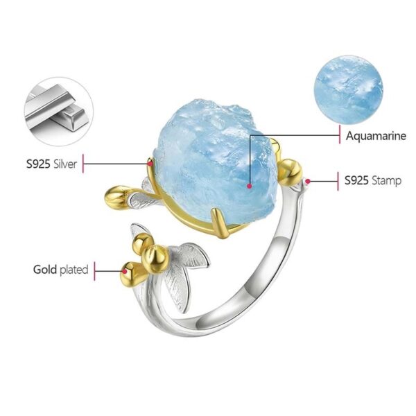 Gemstone Flower Ring , 18K Gold Natural Aquamarine . - Image 4