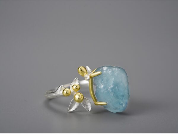 Gemstone Flower Ring , 18K Gold Natural Aquamarine . - Image 6